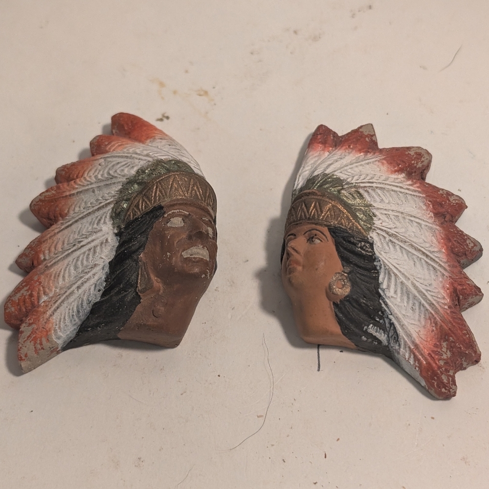 Vintage Mexican Chalkware Pottery.  Art Native American Aztec Heads.